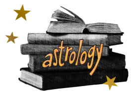 A stack of books with “astrology” written over them in yellow bubble letters. 