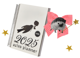 The 2025 Astro Planner beside a hedgehog wearing a red ribbon and holding a golden magic wand.