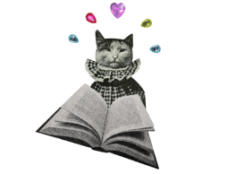 A cat wearing a high-neck, checkered blouse, with an open book in front of her, surrounded by gemstones.